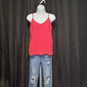 Red Scalloped Hem Women's Top